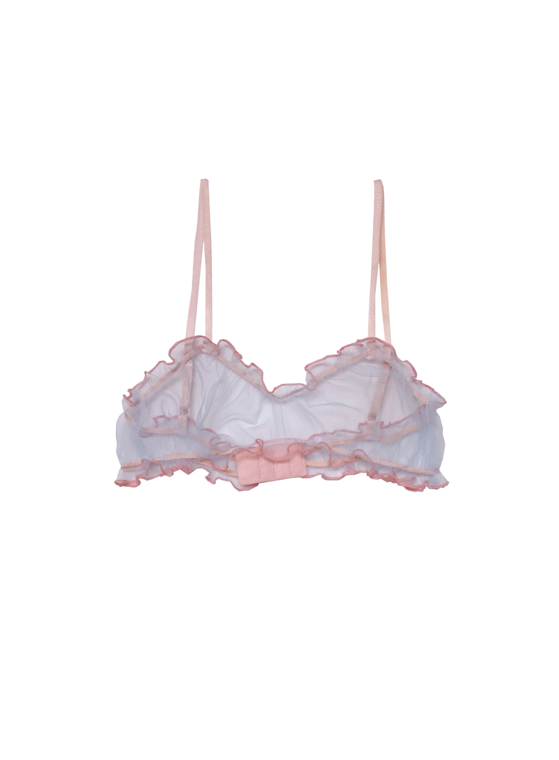 Romantic baby blue bandeau style bra with peach frilly tulle edge, matching peach adjustable straps, hook and eye closure, handcrafted in London premium lingerie