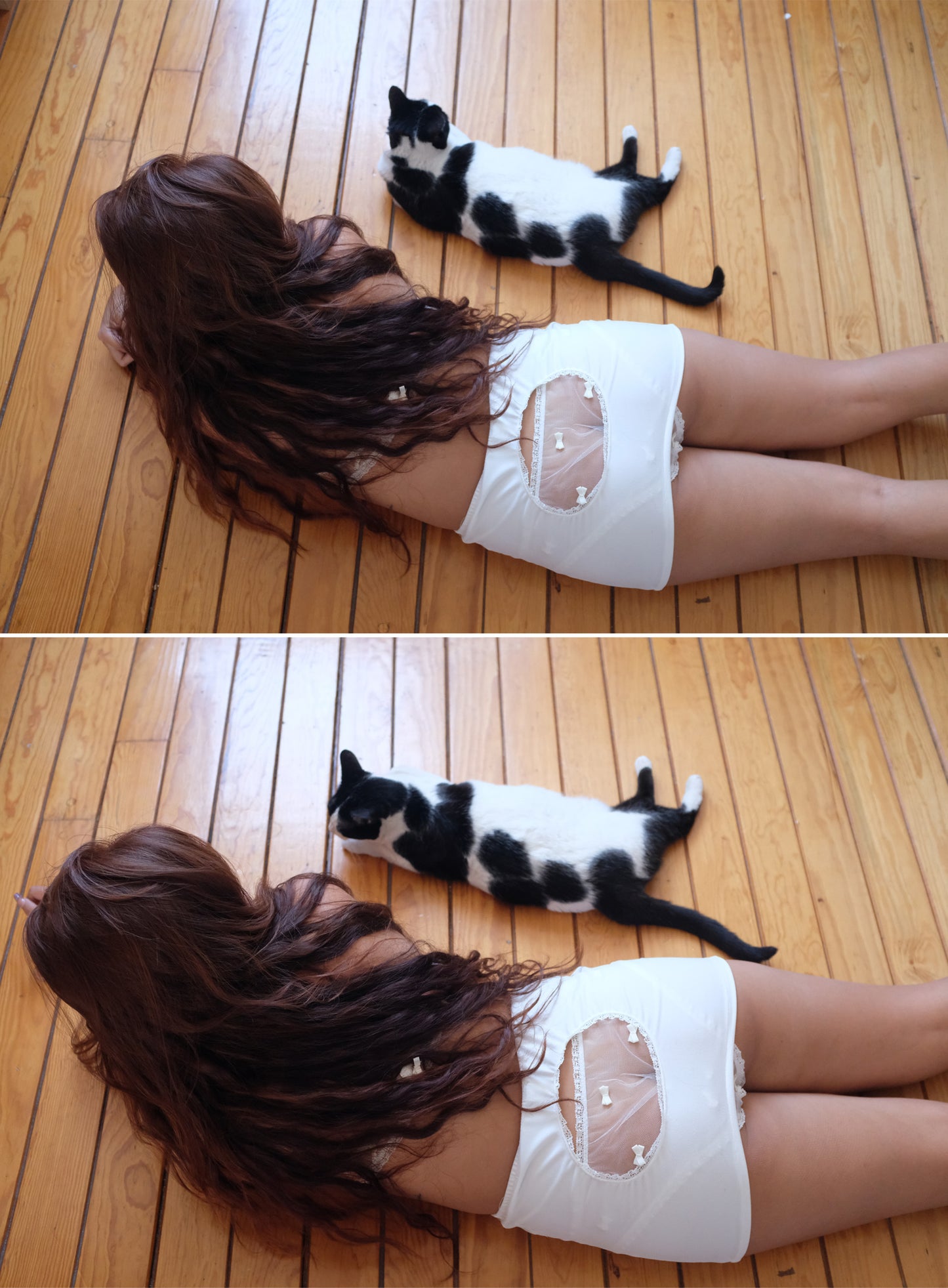 Playful cotton jersey mini skirt with cheeky booty peek design, ultra-short hemline, comfortable stretch fabric, handcrafted in London luxury lingerie worn by lady laying on the floor with a cat