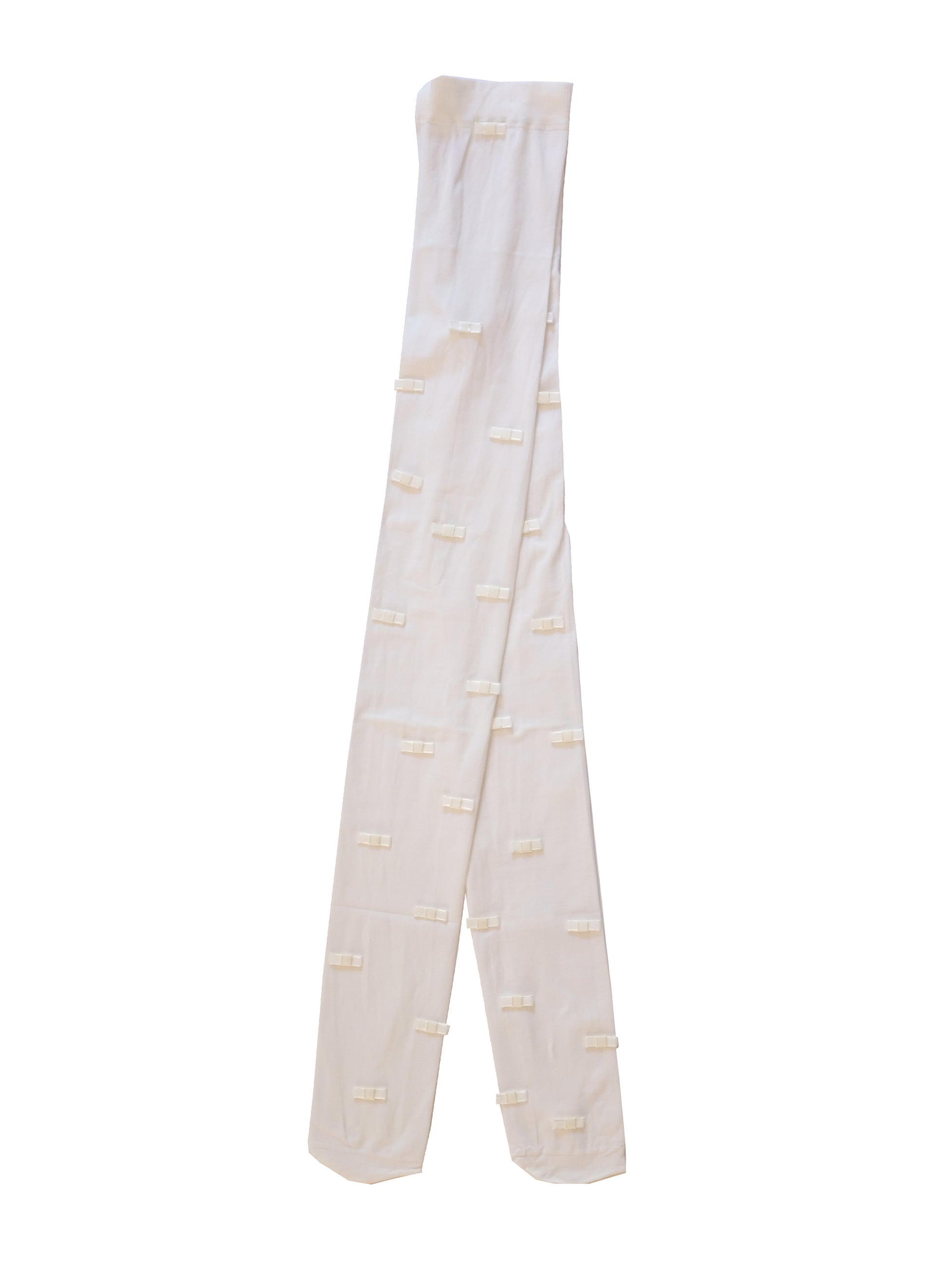 Playful white nylon spandex tights adorned with multiple miniature bows individually attached, unique handcrafted legwear, statement hosiery design, made in London luxury accessory