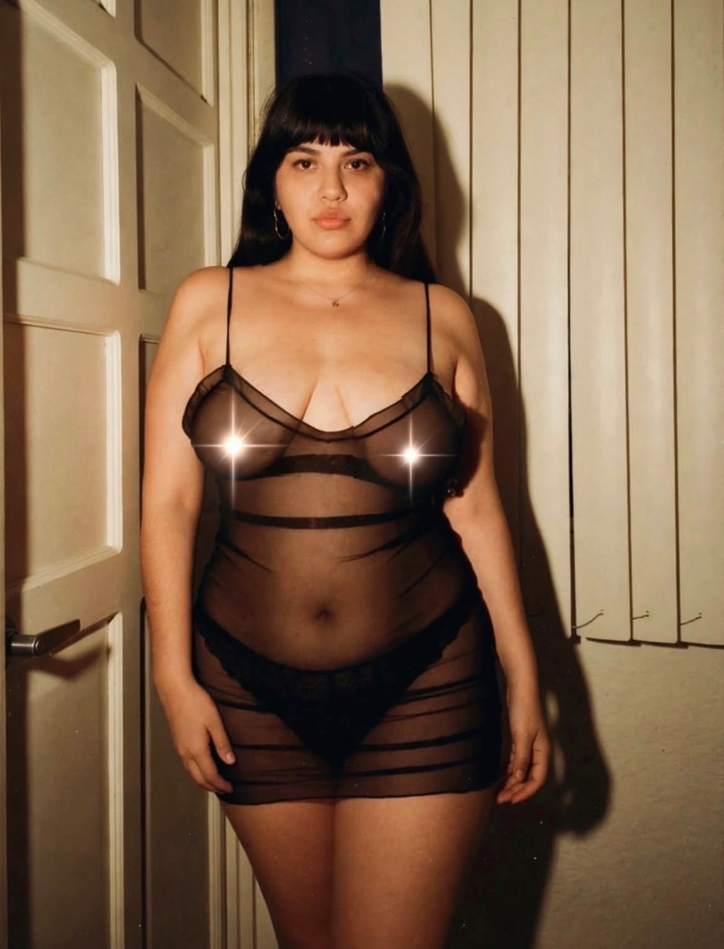 Model wearing the sheer black stretch mesh slip, front view