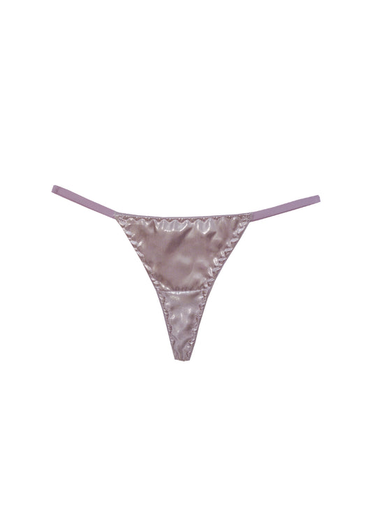 Luxury silver micro t-bar thong with violet elastic trim and decorative heart bow, low-rise design, handmade in London lingerie