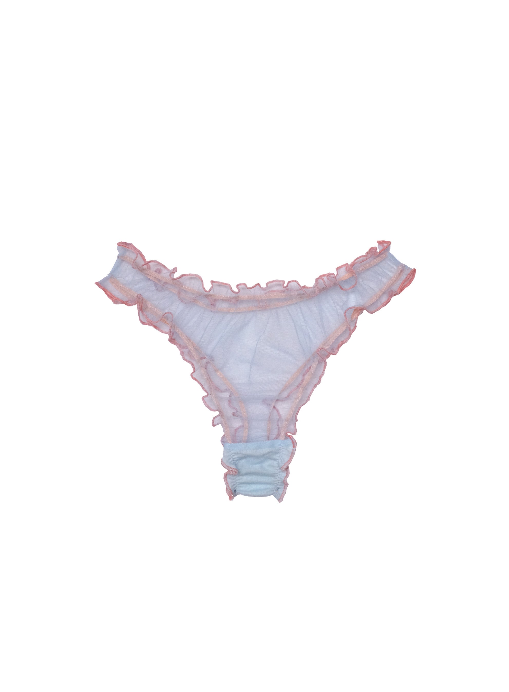 Feminine baby blue polyester tulle thong with delicate peach frilly edge detail, soft comfortable underwear, pastel color combination, handcrafted in London luxury lingerie