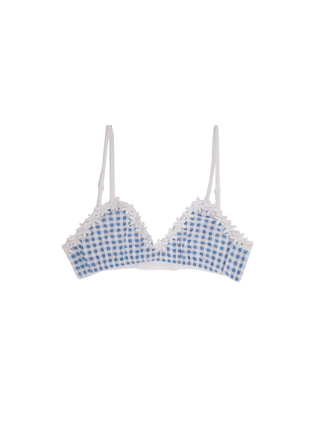 A blue and white gingham check bralette with white lace trim and thin adjustable shoulder straps, shown against a plain white background.