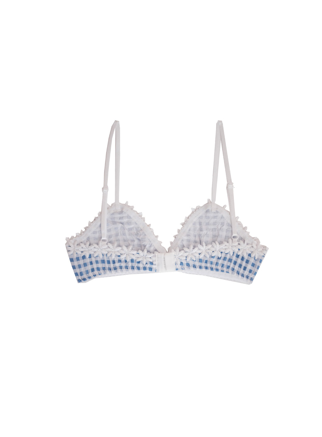 White lace-trimmed bralette with blue and white gingham patterned cups and thin adjustable shoulder straps, shown flat on a white background.
Details