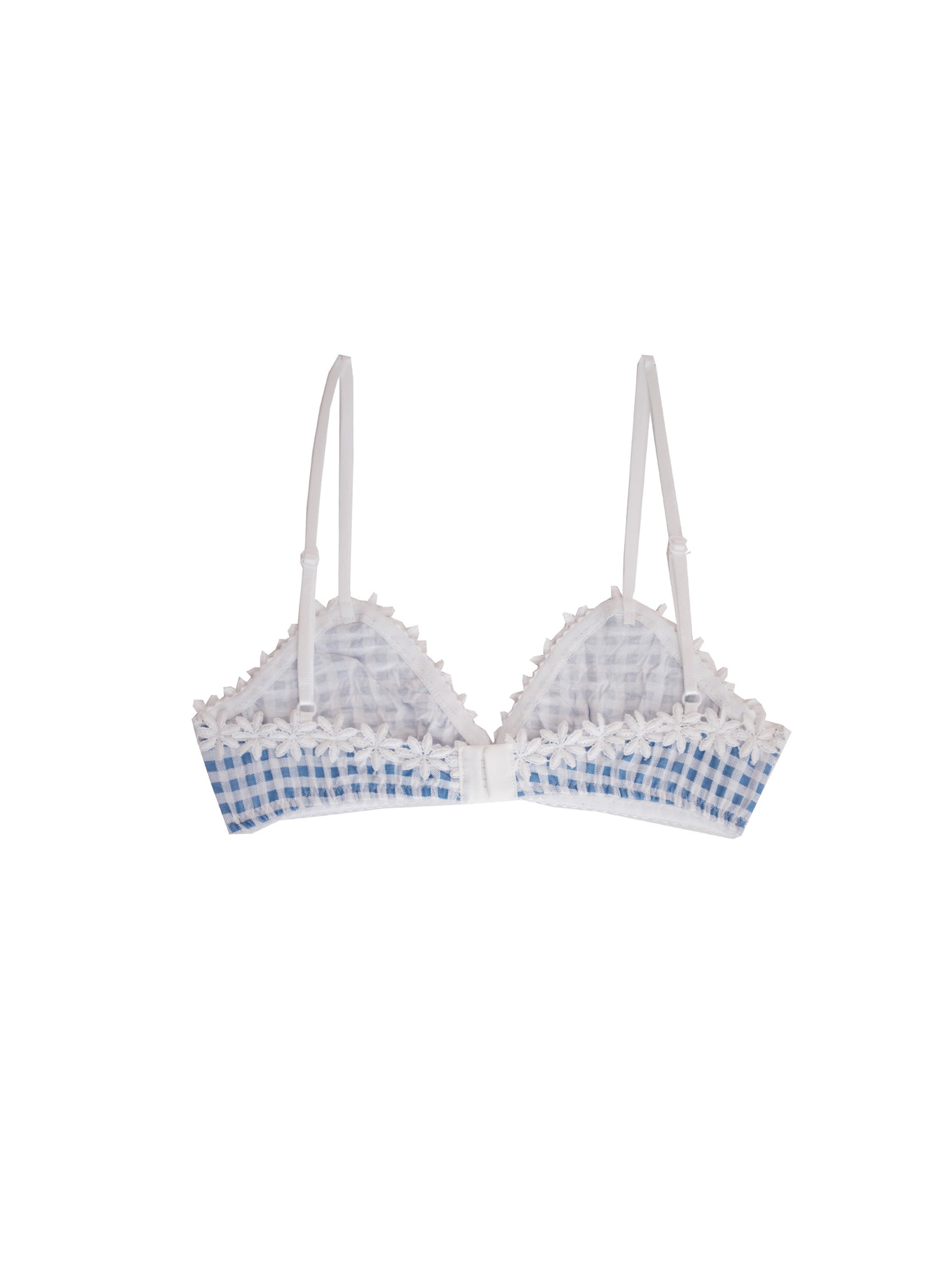 White lace-trimmed bralette with blue and white gingham patterned cups and thin adjustable shoulder straps, shown flat on a white background.
Details
