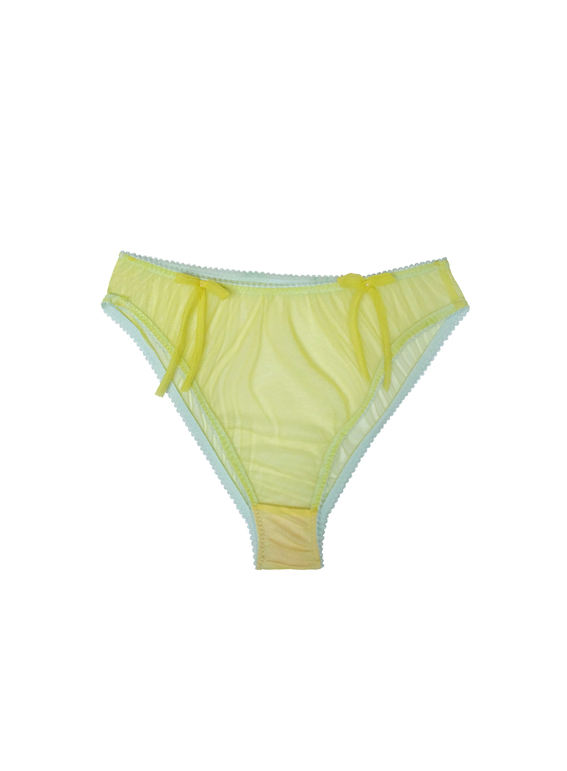 Vibrant bright yellow tulle high-leg knickers with playful double bow detail, contrasting turquoise trim and gusset, handcrafted polyester lingerie, made in London statement underwear