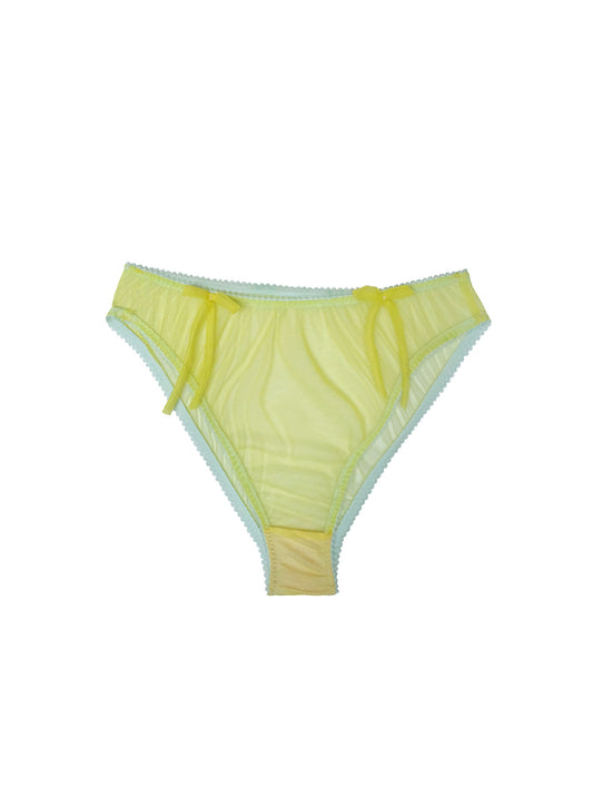 Vibrant bright yellow tulle high-leg knickers with playful double bow detail, contrasting turquoise trim and gusset, handcrafted polyester lingerie, made in London statement underwear