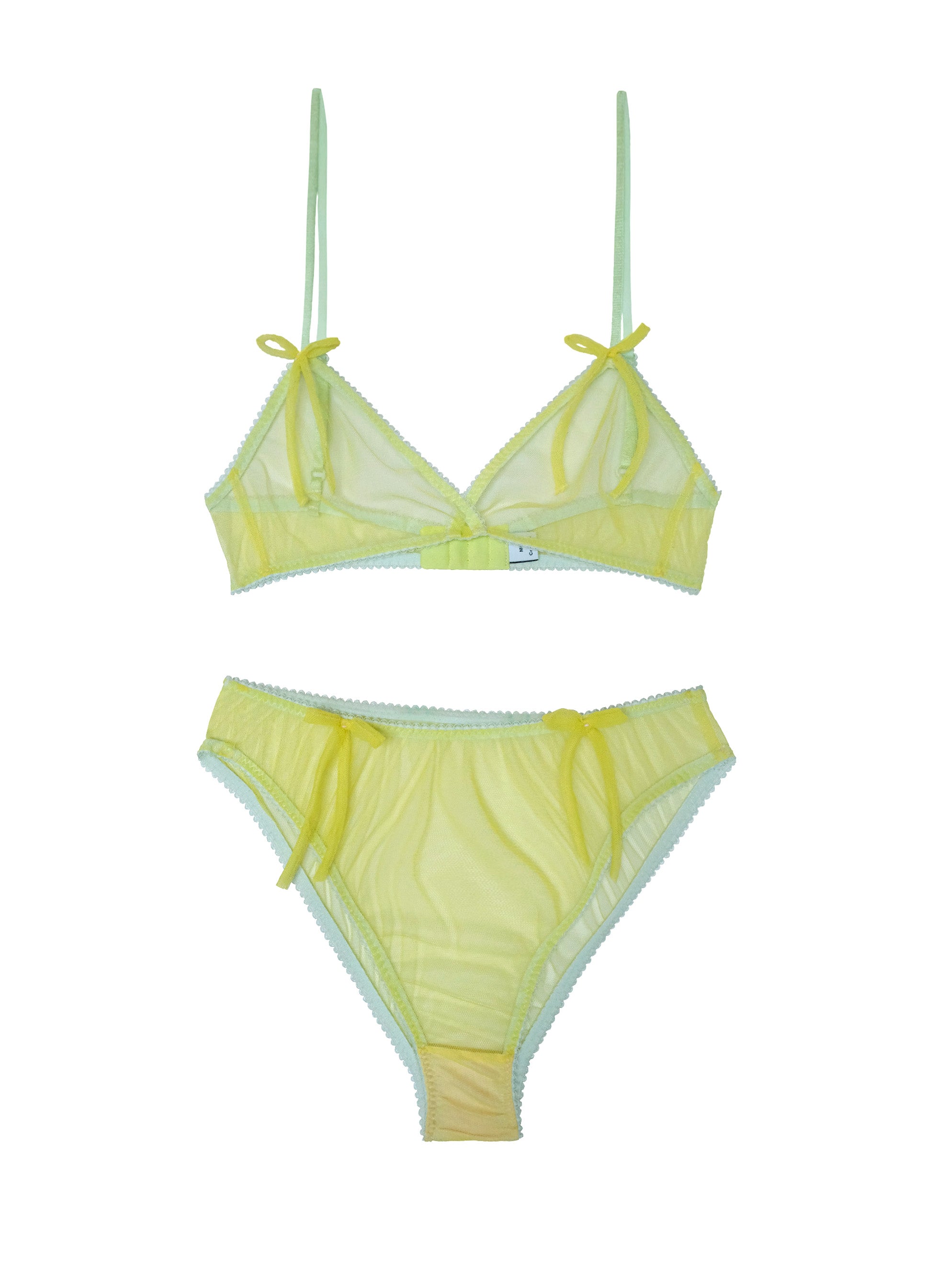 Playful bright yellow tulle lingerie set featuring triangle bra and high-leg knickers with double bow details, contrasting turquoise trim and straps, handcrafted polyester underwear made in London
