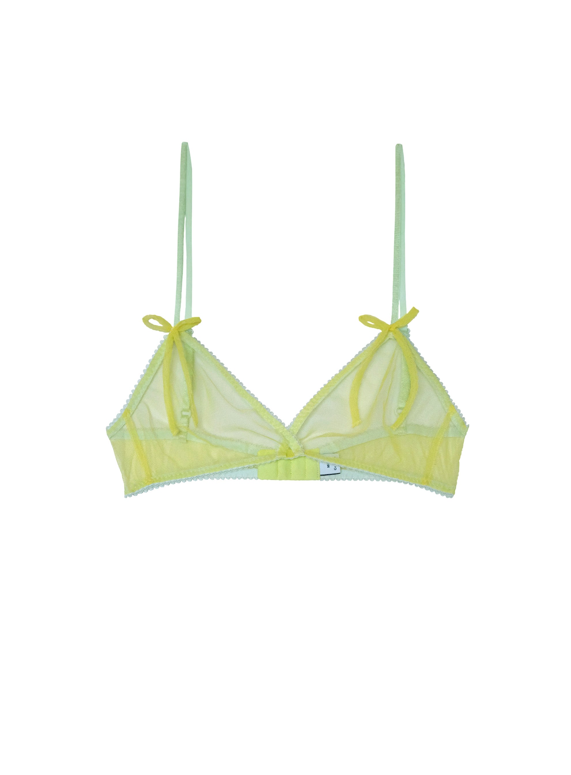 Vibrant bright yellow tulle triangle bra with playful double bow detail, contrasting turquoise trim and straps, handcrafted polyester lingerie, made in London statement underwear