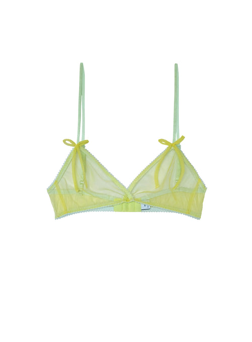Vibrant bright yellow tulle triangle bra with playful double bow detail, contrasting turquoise trim and straps, handcrafted polyester lingerie, made in London statement underwear
