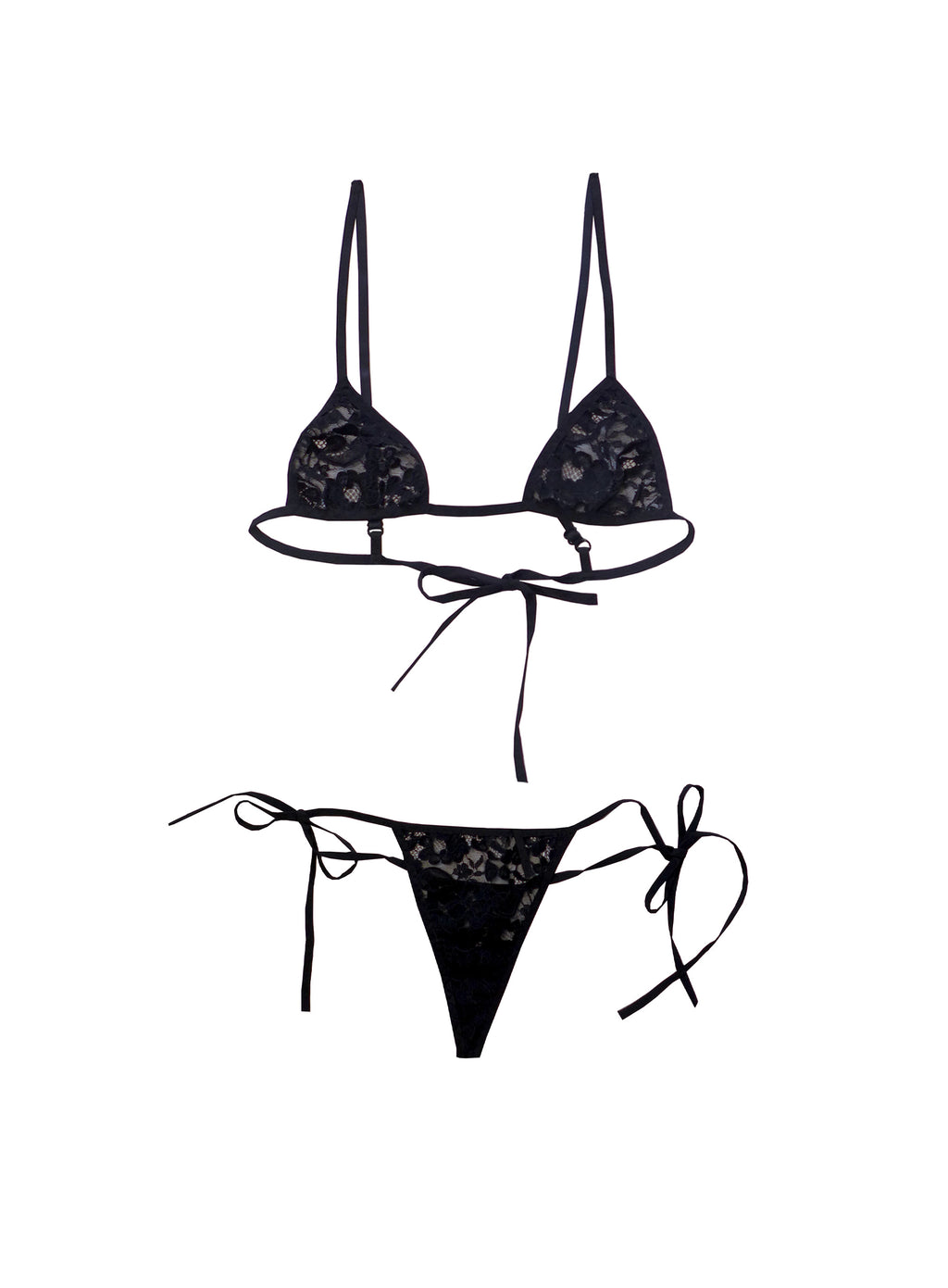 Luxury black lace micro lingerie set with tie-side thong and triangle bra, featuring soft fold over elastic, adjustable straps, and handmade in London
