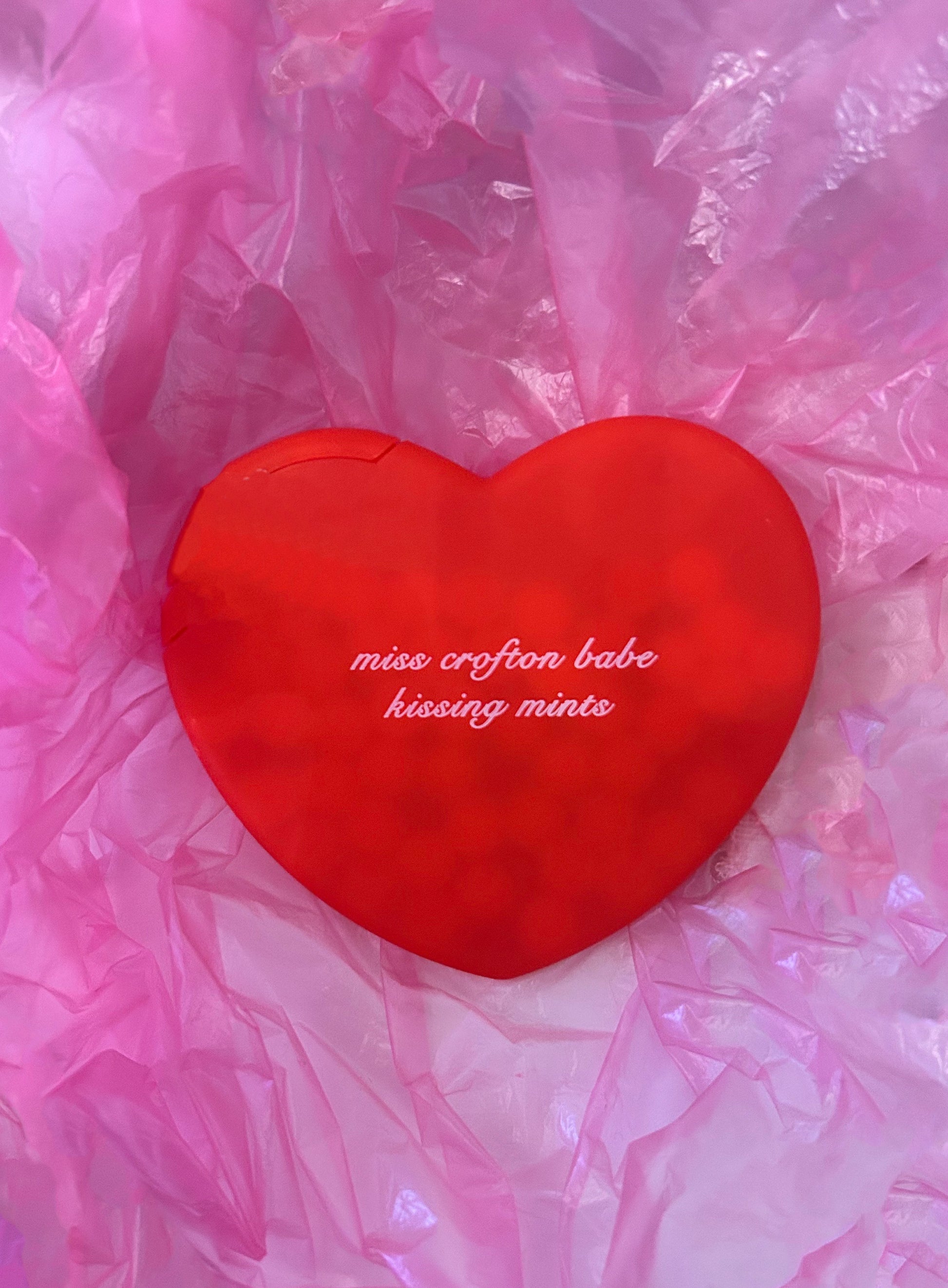 Stylish Miss Crofton kissing mints in heart-shaped red container, designer breath freshener, portable romantic accessory, unique branded gift, premium confectionery product