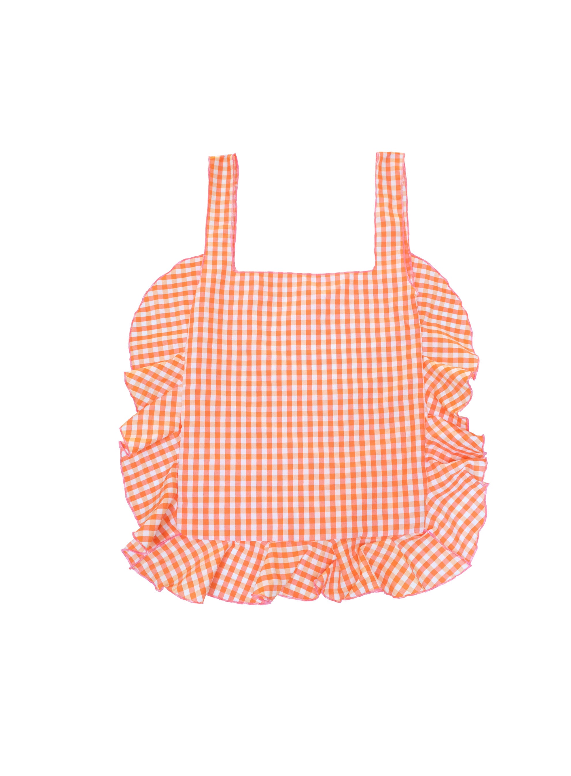 Trendy orange gingham tote bag with spacious interior, durable 100% polyester fabric, versatile everyday carryall, handcrafted in London designer fashion accessory