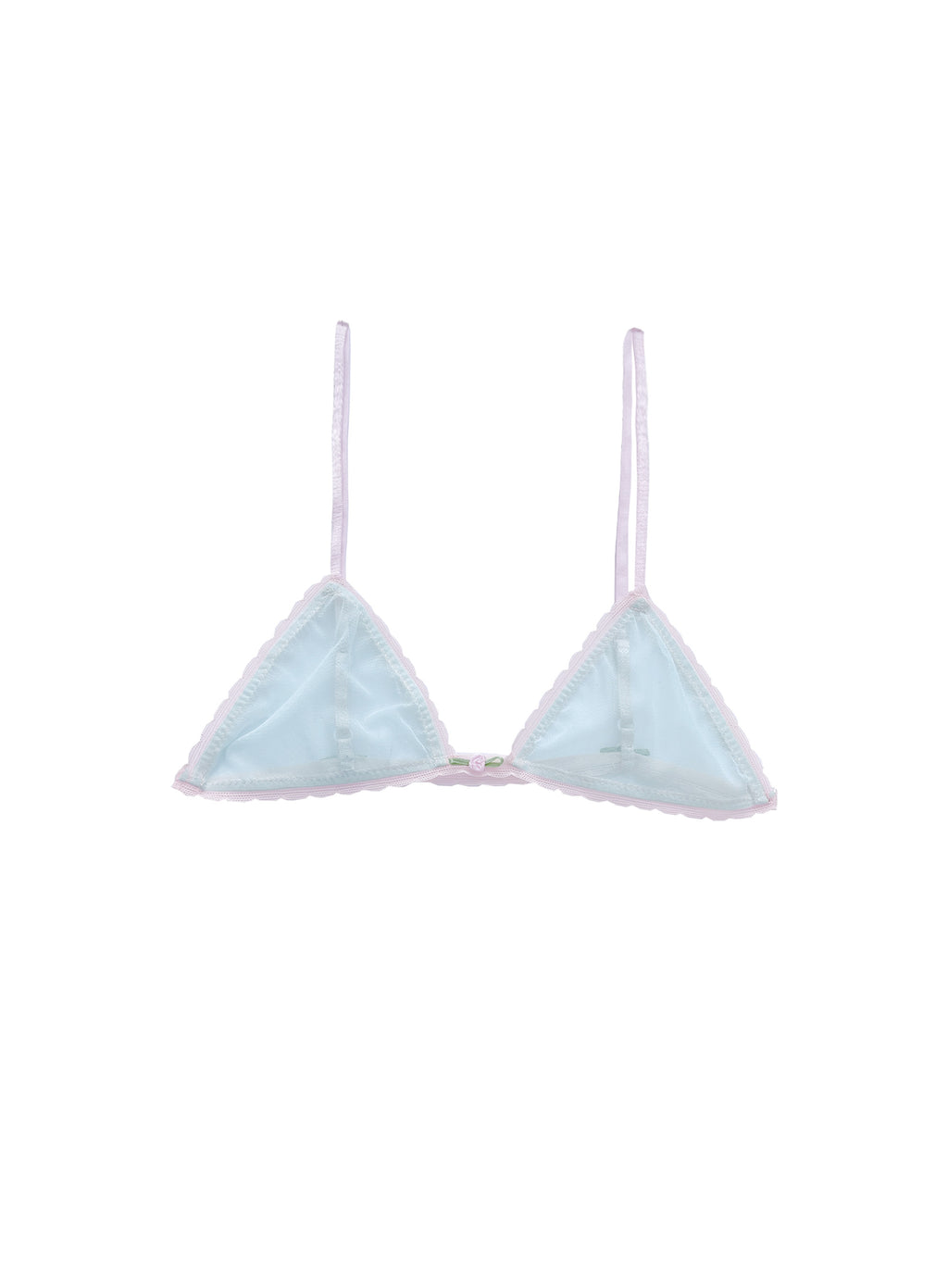 Rosette turquoise tulle triangle bralette with pink lace trim and fine straps, front view