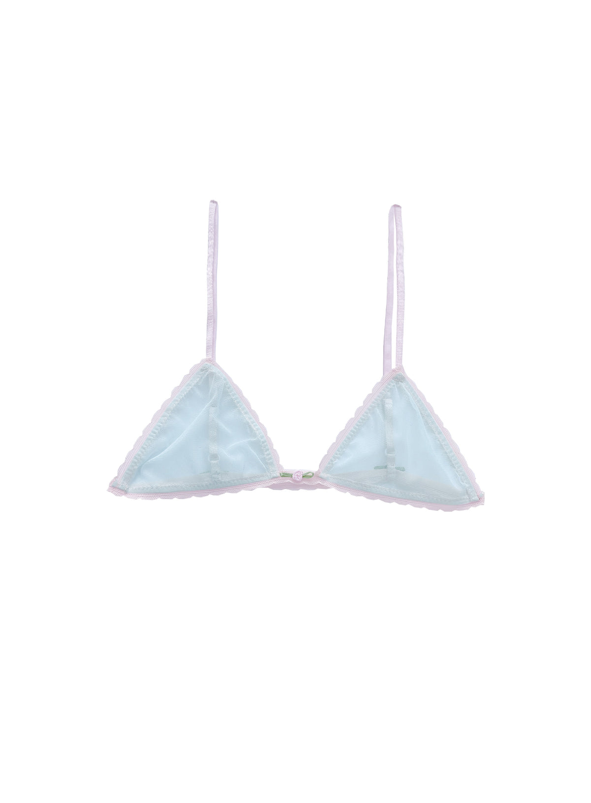 Rosette turquoise tulle triangle bralette with pink lace trim and fine straps, front view