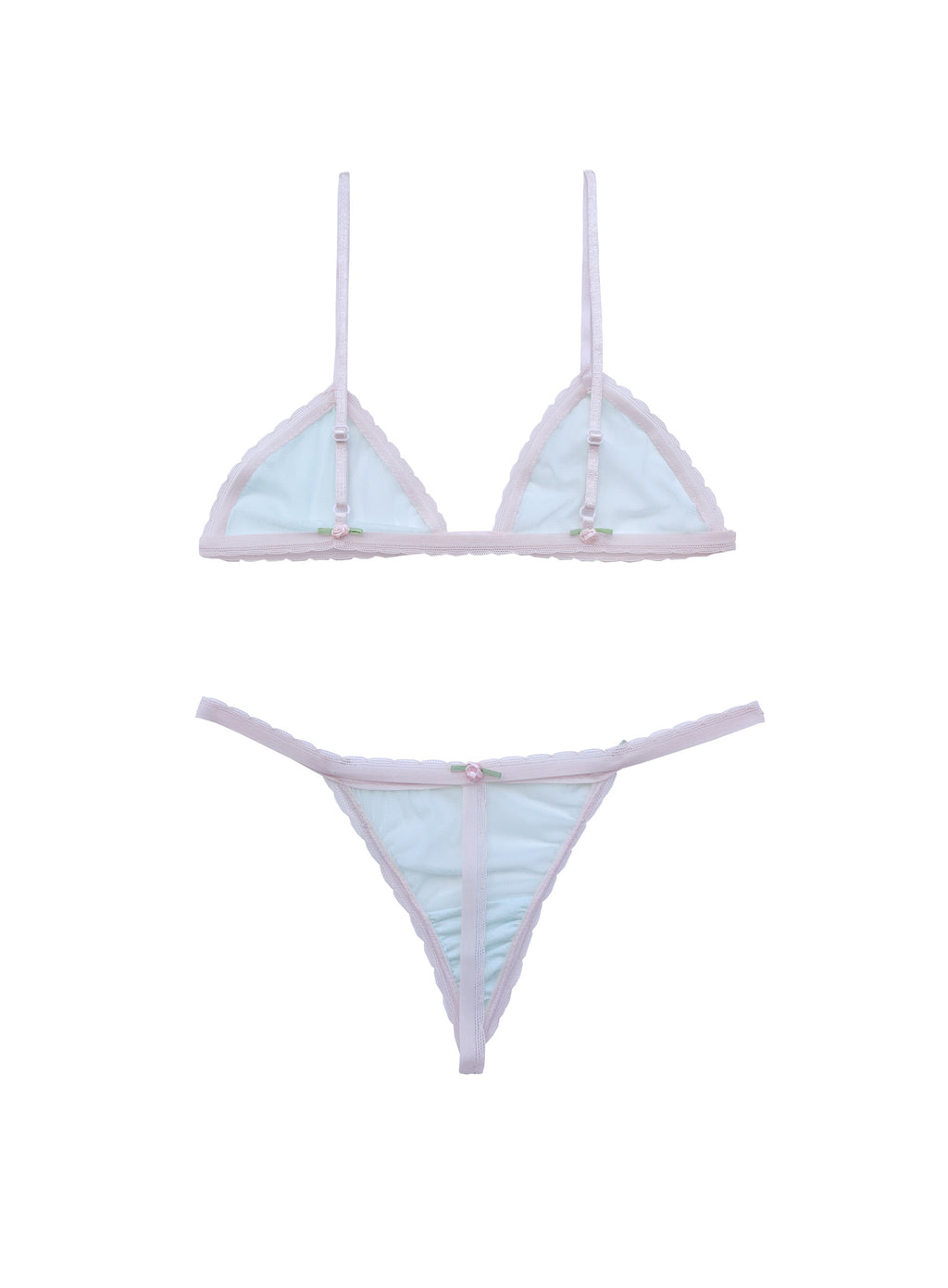 Rosette set: turquoise tulle triangle bralette and T-string with pink trim, back view