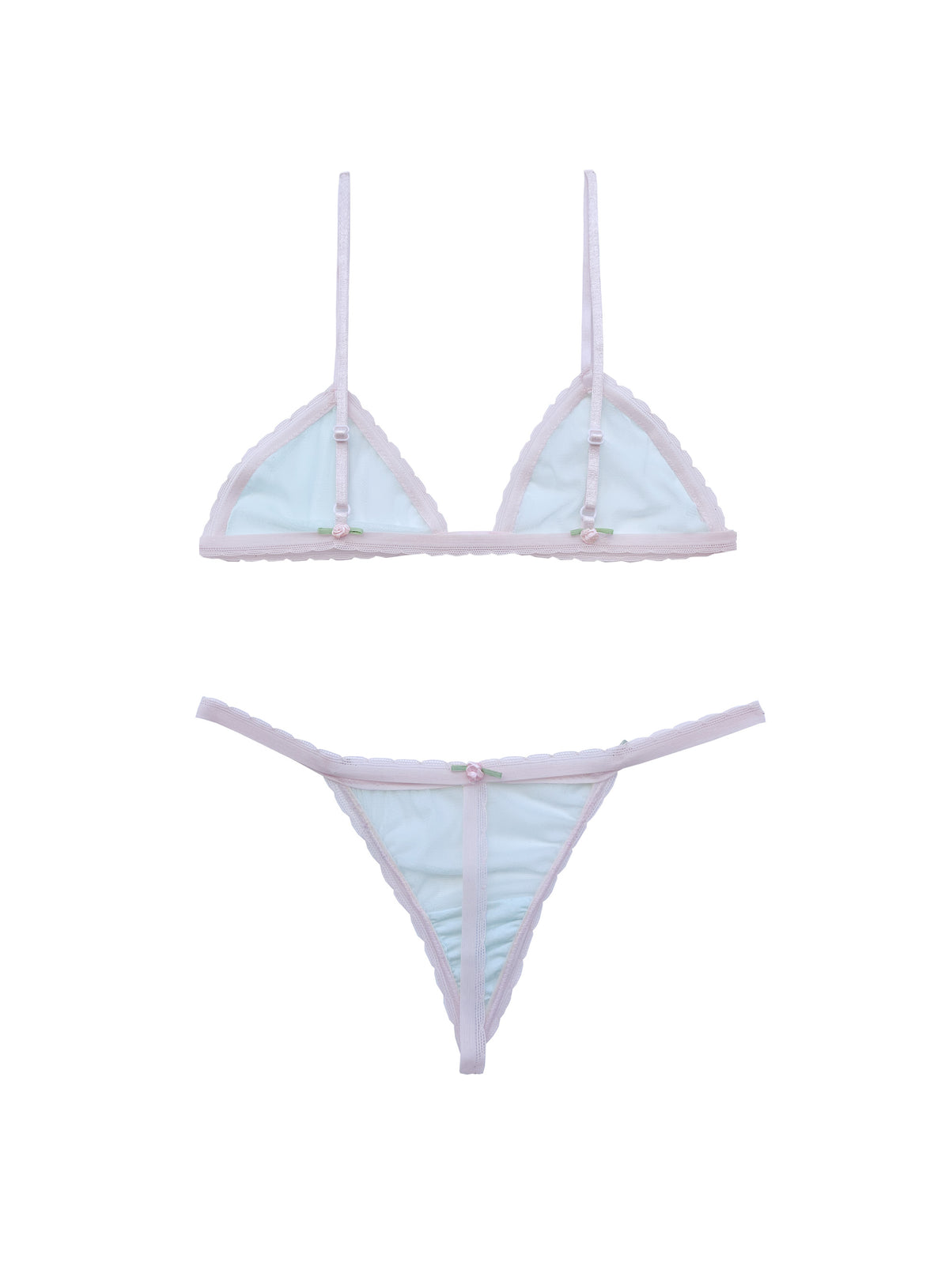 Rosette set: turquoise tulle triangle bralette and T-string with pink trim, back view
