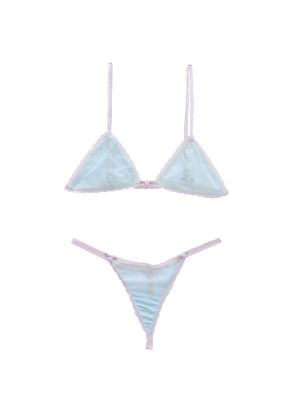 Rosette set: turquoise tulle triangle bralette and T-string with pink rosettes, front view