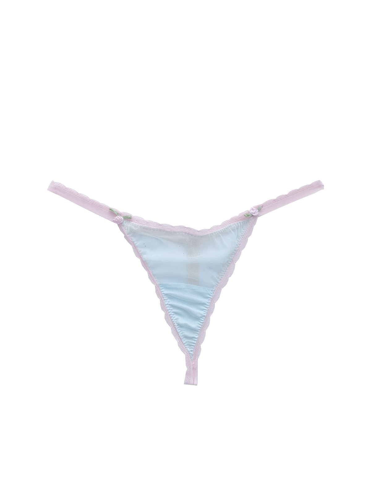 Rosette turquoise tulle T-string with pink lace elastic and tiny rosettes, front view