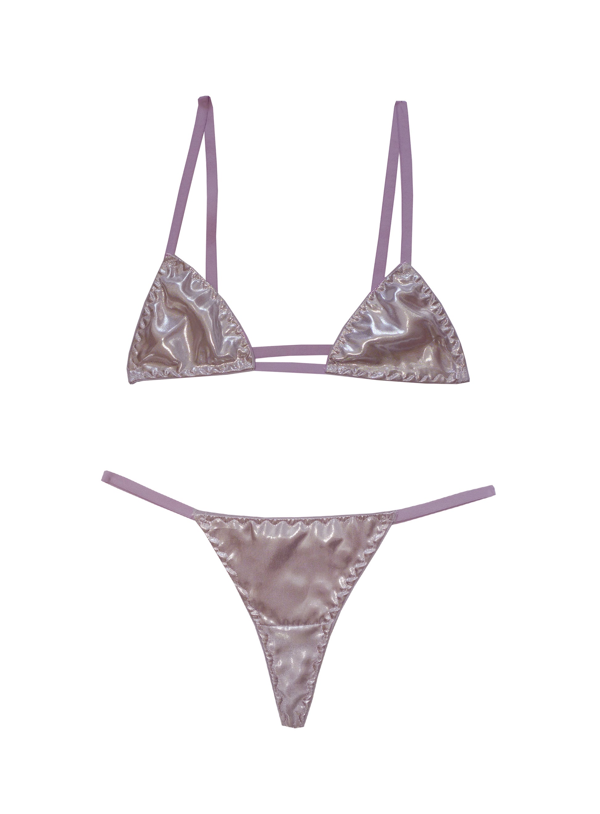 Luxury silver micro lingerie set with violet elastic trim featuring triangle bra with wide center gore and matching low-rise t-bar thong, both with heart bow details, handmade in London