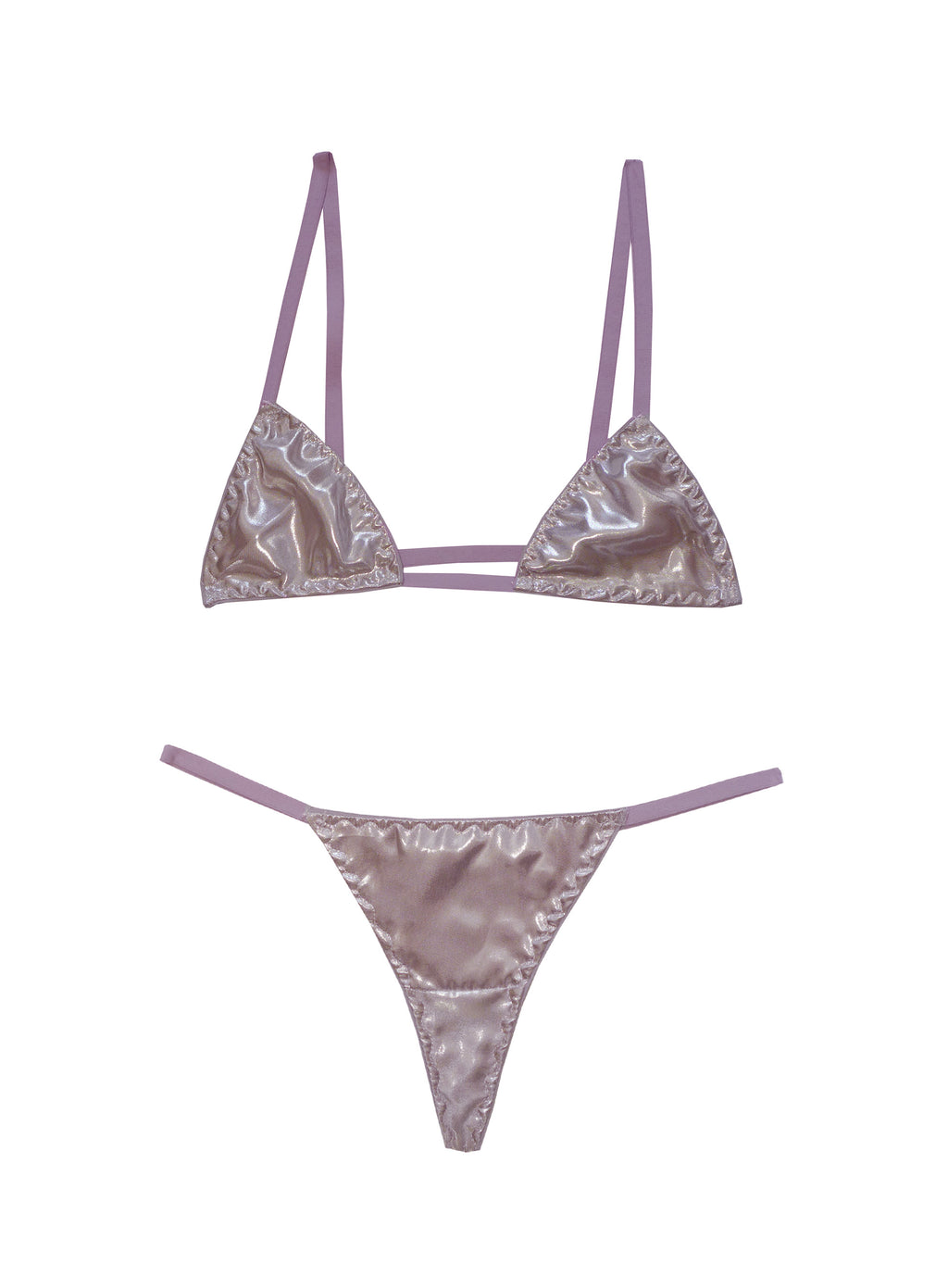 Luxury silver micro lingerie set with violet elastic trim featuring triangle bra with wide center gore and matching low-rise t-bar thong, both with heart bow details, handmade in London