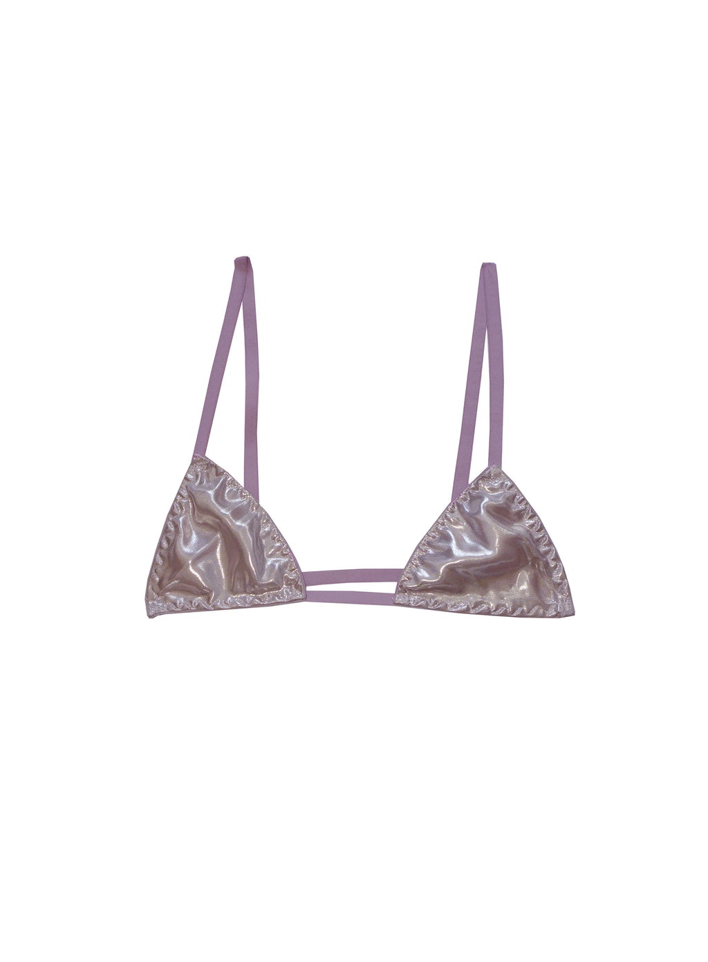 Luxury silver micro triangle bra top with violet elastic trim, decorative heart bow, wide centre gore, handmade in London lingerie