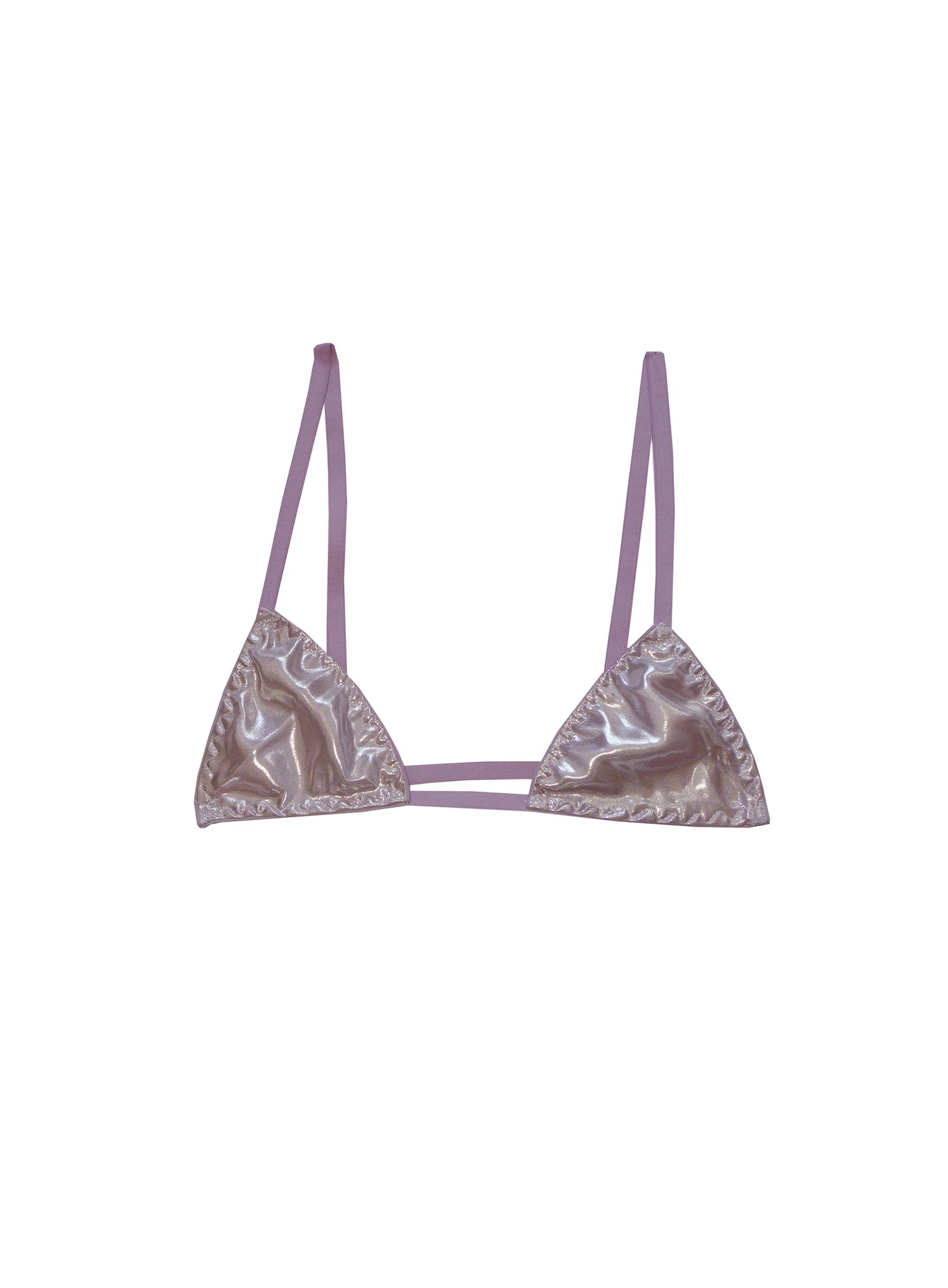 Luxury silver micro triangle bra top with violet elastic trim, decorative heart bow, wide centre gore, handmade in London lingerie